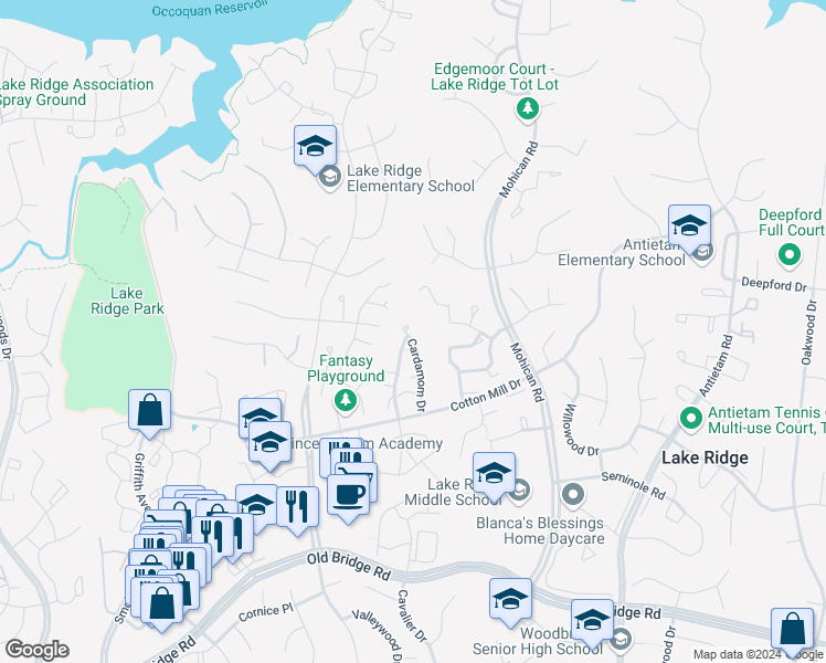 map of restaurants, bars, coffee shops, grocery stores, and more near 12038 Cardamom Drive in Woodbridge