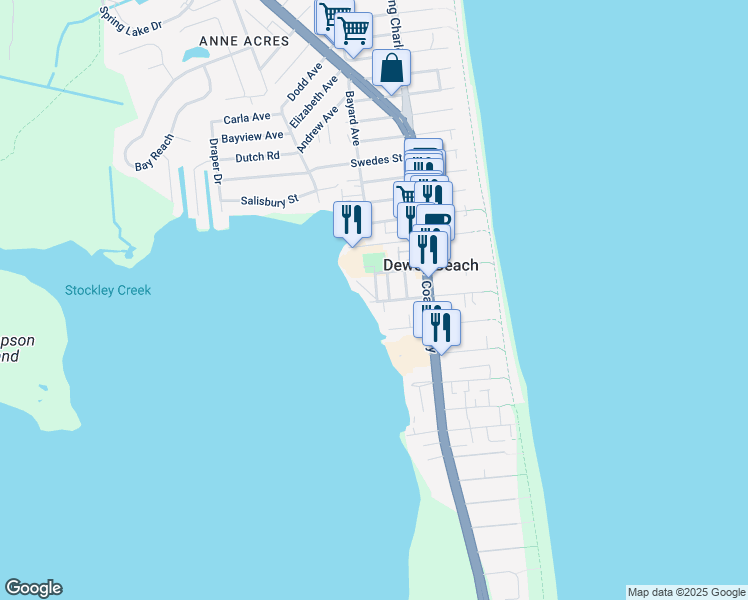 map of restaurants, bars, coffee shops, grocery stores, and more near 115 Rodney Avenue in Dewey Beach