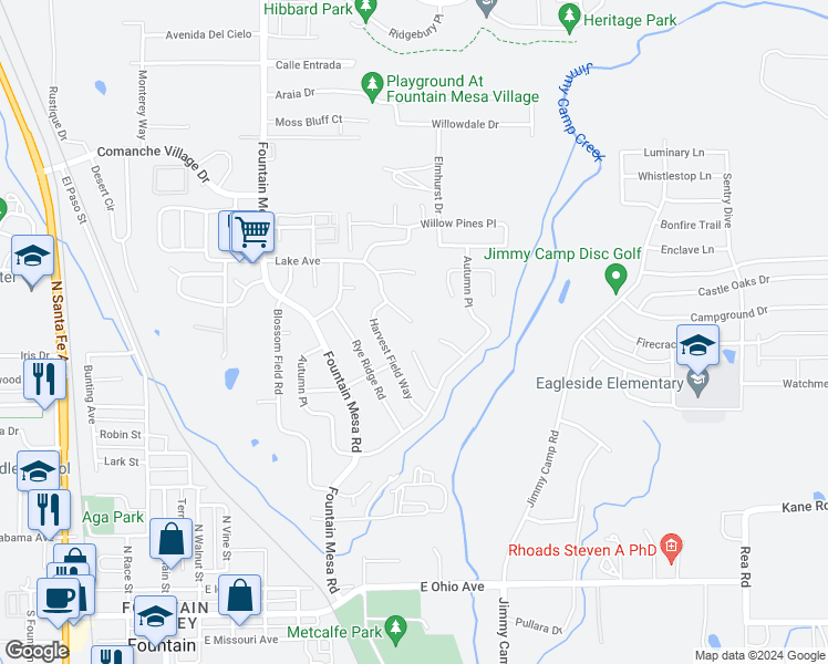 map of restaurants, bars, coffee shops, grocery stores, and more near 7555 Lake Avenue in Fountain