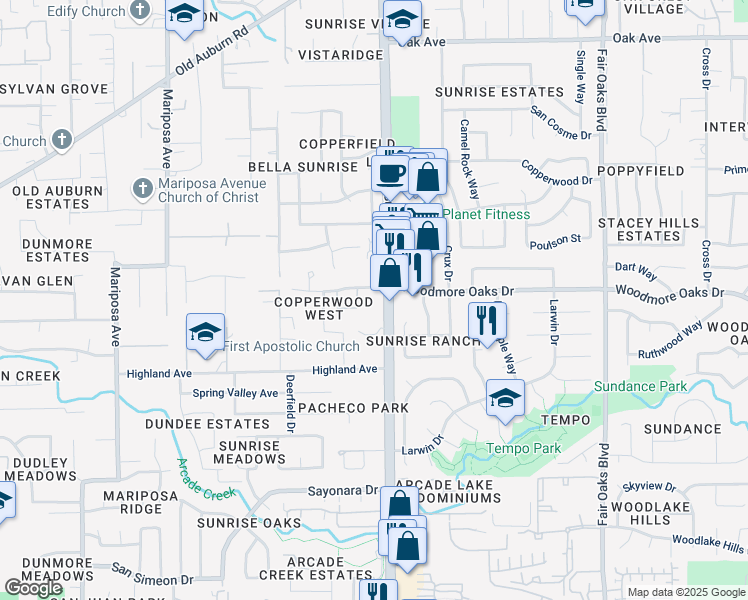 map of restaurants, bars, coffee shops, grocery stores, and more near 6929 Sunrise Boulevard in Citrus Heights