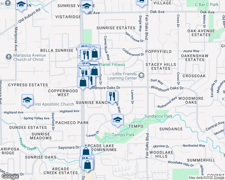 map of restaurants, bars, coffee shops, grocery stores, and more near 7990 Stone Canyon Circle in Citrus Heights