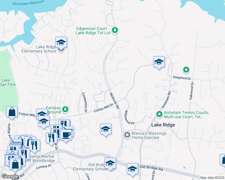 map of restaurants, bars, coffee shops, grocery stores, and more near 12051 Stoneford Drive in Woodbridge