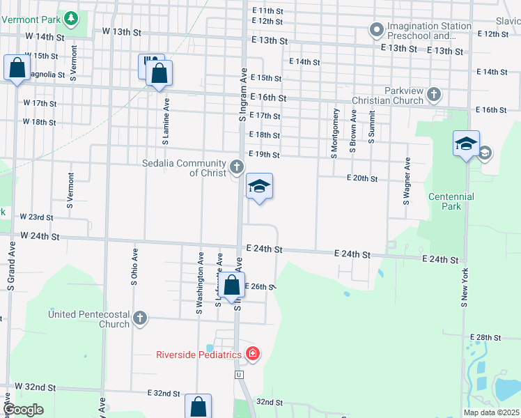 map of restaurants, bars, coffee shops, grocery stores, and more near 2205 South Ingram Avenue in Sedalia