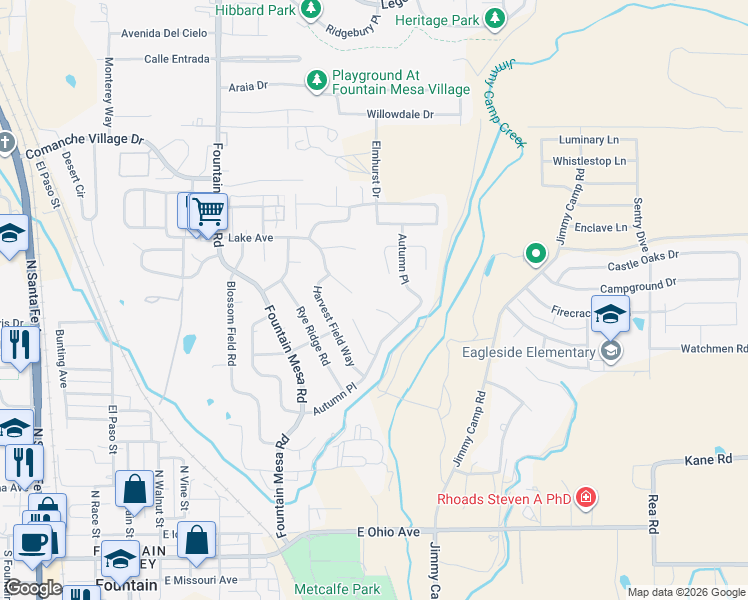 map of restaurants, bars, coffee shops, grocery stores, and more near 9589 Holton Court in Fountain