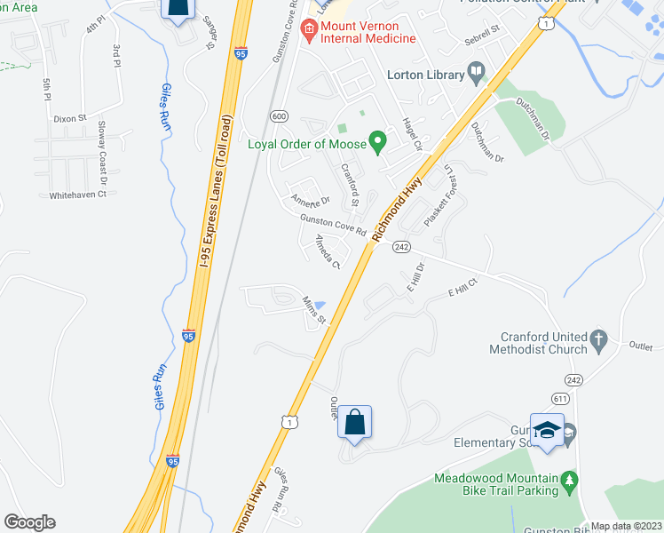 map of restaurants, bars, coffee shops, grocery stores, and more near 7967 Almeda Court in Lorton