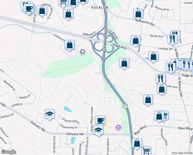 map of restaurants, bars, coffee shops, grocery stores, and more near 10900 Oak Forest Parkway Drive in Saint Louis