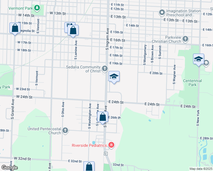 map of restaurants, bars, coffee shops, grocery stores, and more near 2205 South Ingram Avenue in Sedalia