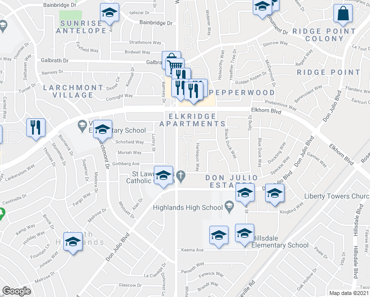 map of restaurants, bars, coffee shops, grocery stores, and more near 200 Walerga Road in North Highlands