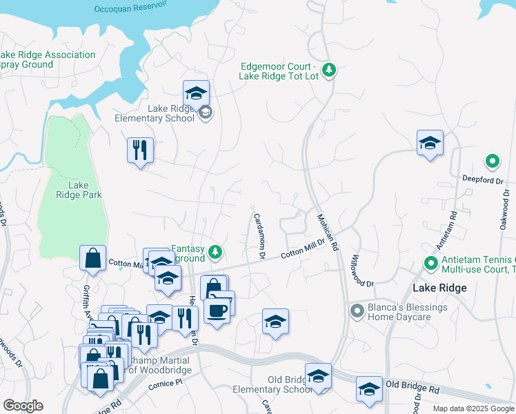 map of restaurants, bars, coffee shops, grocery stores, and more near 12038 Cardamom Drive in Woodbridge