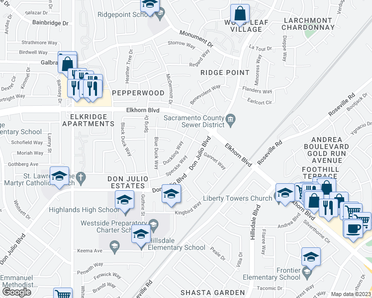 map of restaurants, bars, coffee shops, grocery stores, and more near 6869 Speckle Way in Sacramento