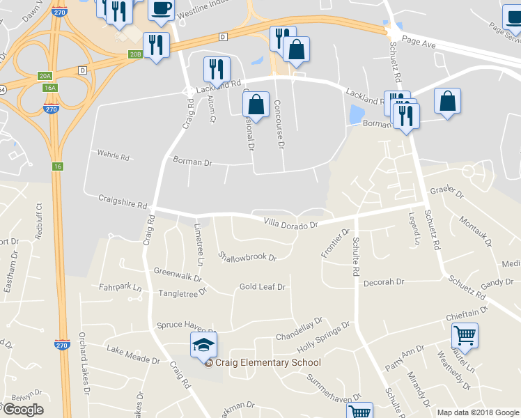 map of restaurants, bars, coffee shops, grocery stores, and more near 11881 Cresta Verde Drive in Saint Louis