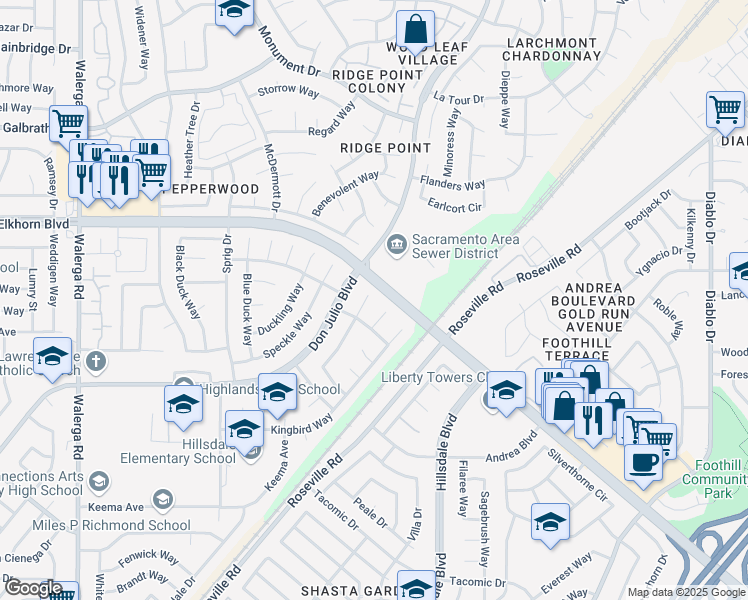 map of restaurants, bars, coffee shops, grocery stores, and more near 6916 Waxwing Way in Sacramento