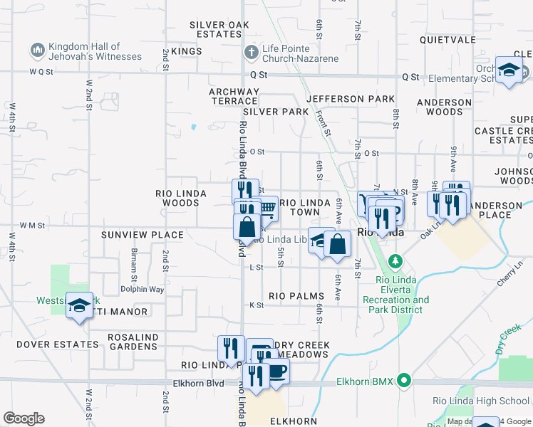 map of restaurants, bars, coffee shops, grocery stores, and more near 6826 4th Avenue in Rio Linda
