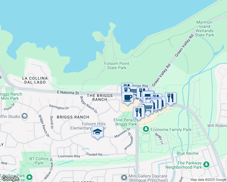 map of restaurants, bars, coffee shops, grocery stores, and more near 1391 Quigley Court in Folsom