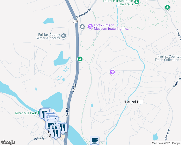 map of restaurants, bars, coffee shops, grocery stores, and more near Cross County Trail in Lorton