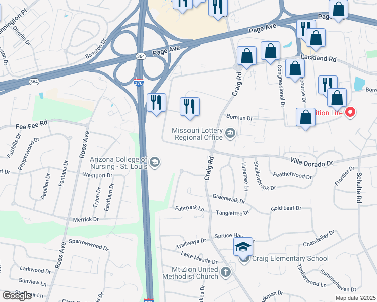 map of restaurants, bars, coffee shops, grocery stores, and more near 1850 Craigshire Road in Saint Louis
