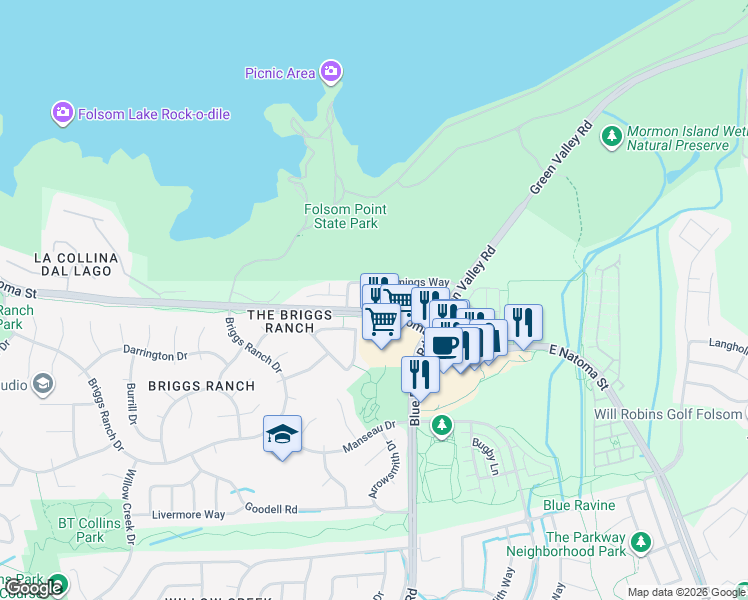 map of restaurants, bars, coffee shops, grocery stores, and more near 1486 Durfee Court in Folsom