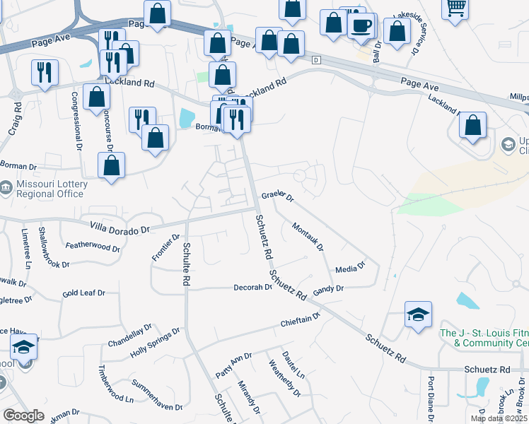 map of restaurants, bars, coffee shops, grocery stores, and more near 1798 Schuetz Road in St. Louis