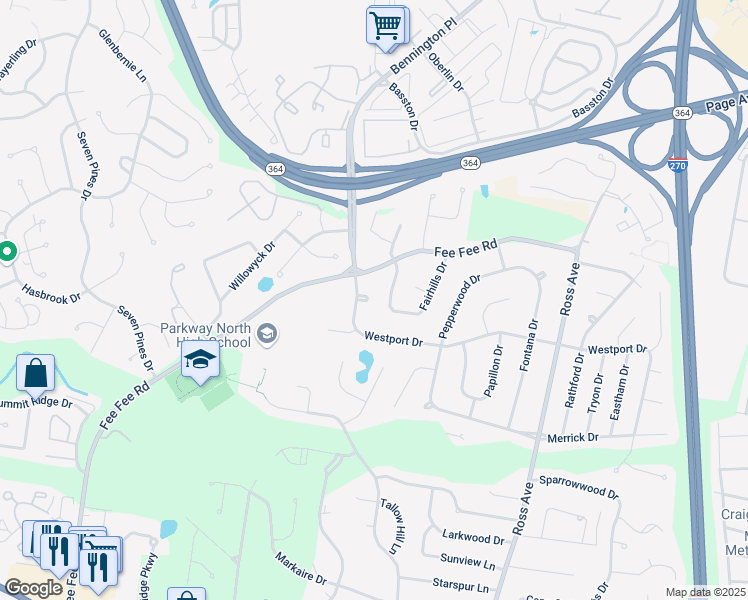 map of restaurants, bars, coffee shops, grocery stores, and more near 1620 Green Hill Drive in Saint Louis