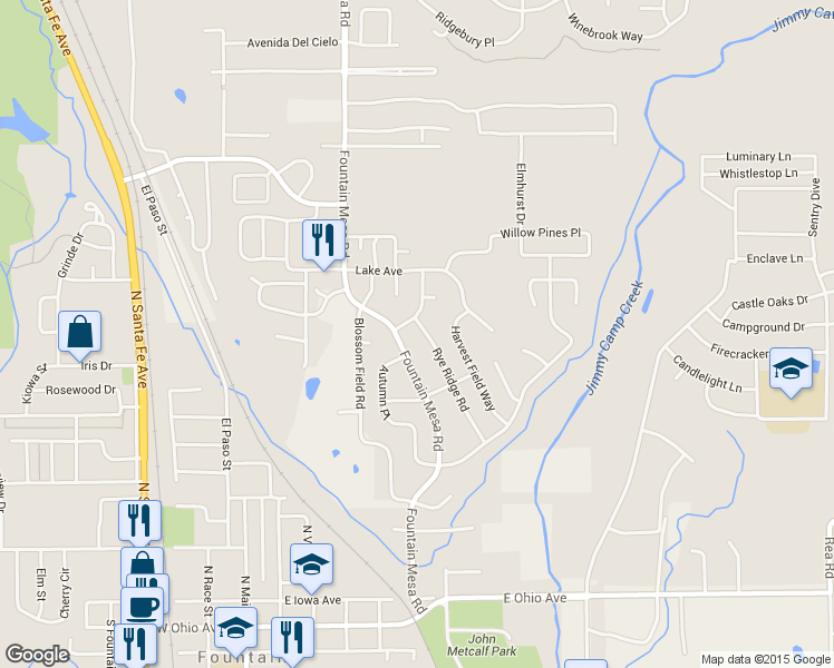 map of restaurants, bars, coffee shops, grocery stores, and more near 737 Rye Ridge Road in Fountain