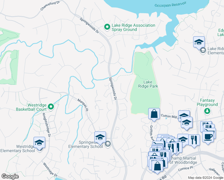 map of restaurants, bars, coffee shops, grocery stores, and more near 12119 Salemtown Drive in Woodbridge