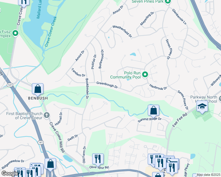 map of restaurants, bars, coffee shops, grocery stores, and more near 13129 Greenbough Drive in St. Louis