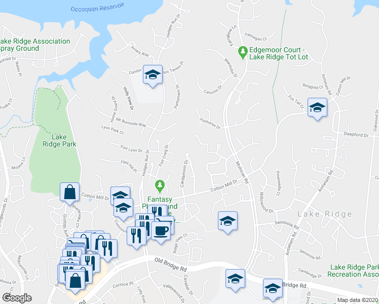 map of restaurants, bars, coffee shops, grocery stores, and more near 12052 Cardamom Drive in Woodbridge