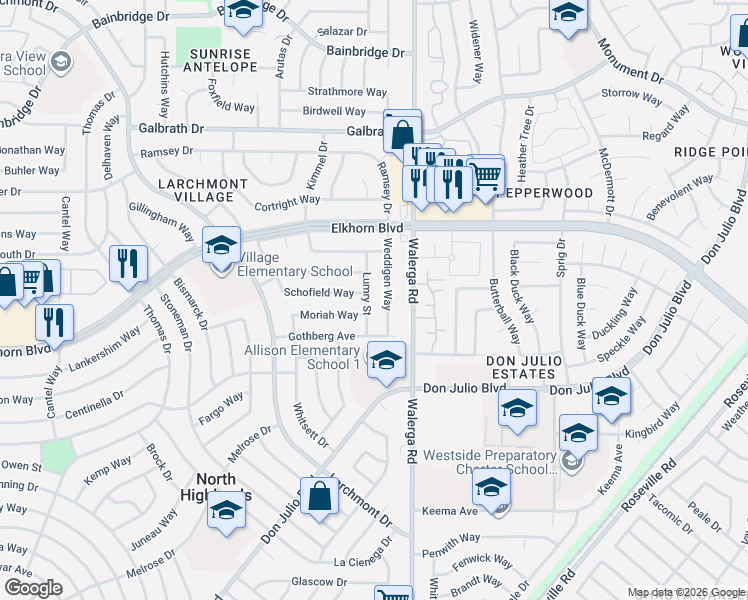 map of restaurants, bars, coffee shops, grocery stores, and more near 6905 Weddigen Way in North Highlands