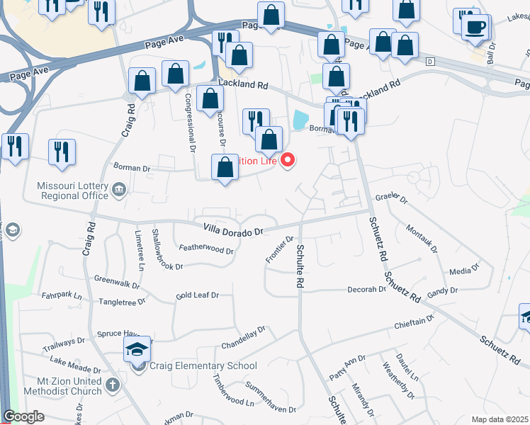 map of restaurants, bars, coffee shops, grocery stores, and more near 1804 Borman Circle Drive in St. Louis