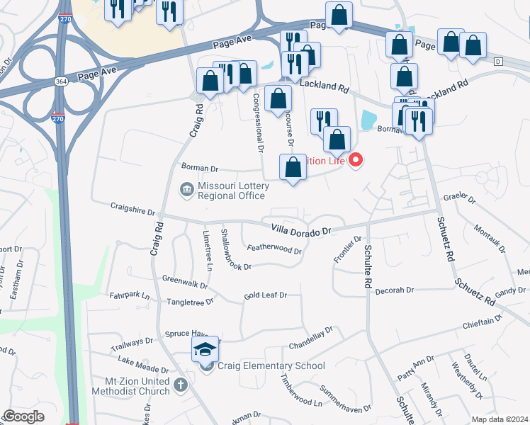 map of restaurants, bars, coffee shops, grocery stores, and more near 11877 Cresta Verde Drive in St. Louis