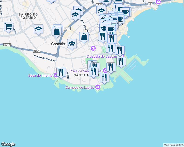 map of restaurants, bars, coffee shops, grocery stores, and more near 209 Rua Frei Nicolau de Oliveira in Cascais