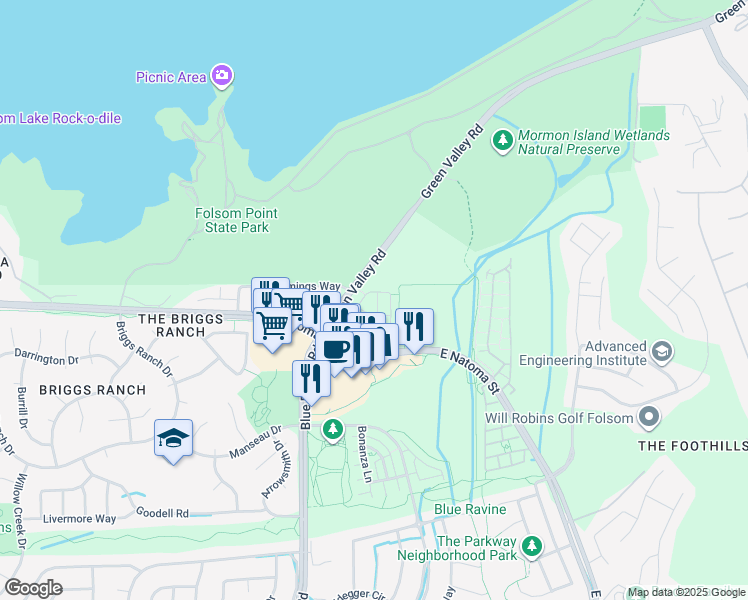 map of restaurants, bars, coffee shops, grocery stores, and more near 1487 Lewis Way in Folsom