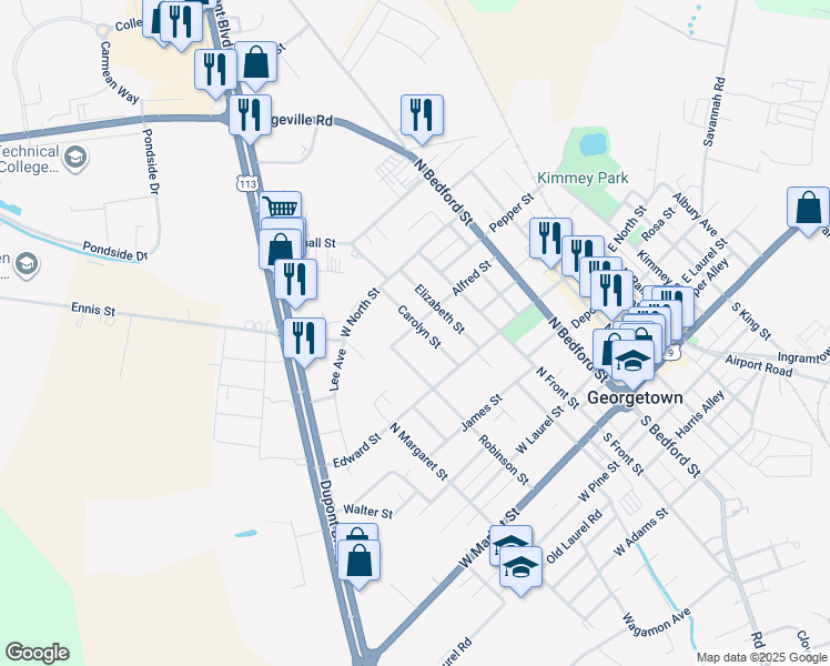 map of restaurants, bars, coffee shops, grocery stores, and more near 311 Carolyn Street in Georgetown
