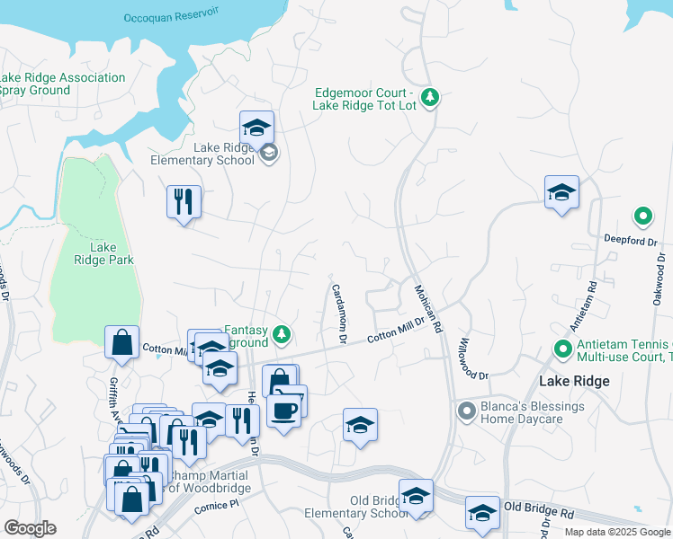 map of restaurants, bars, coffee shops, grocery stores, and more near 12050 Cardamom Drive in Woodbridge
