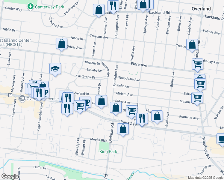 map of restaurants, bars, coffee shops, grocery stores, and more near 2003 Huntington Avenue in Overland