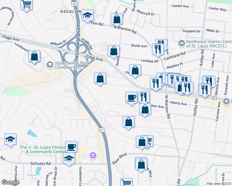 map of restaurants, bars, coffee shops, grocery stores, and more near 10880 Linpage Place in St. Louis