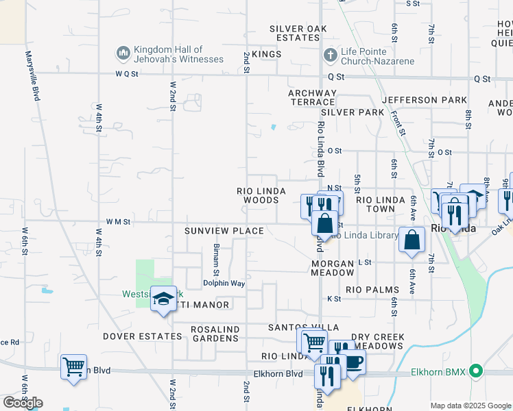 map of restaurants, bars, coffee shops, grocery stores, and more near 210 Berry Oak Court in Rio Linda