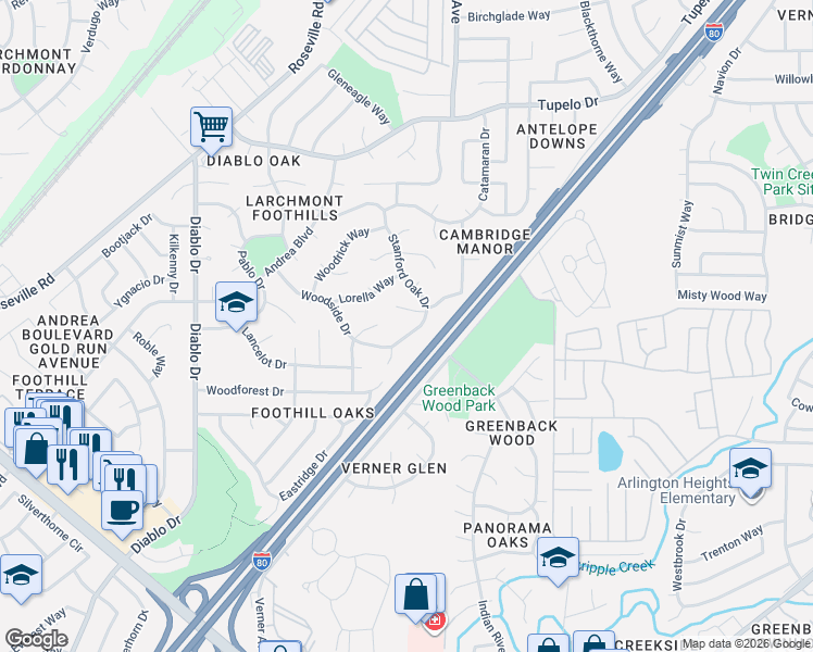 map of restaurants, bars, coffee shops, grocery stores, and more near 5802 Longs Peak Place in Sacramento