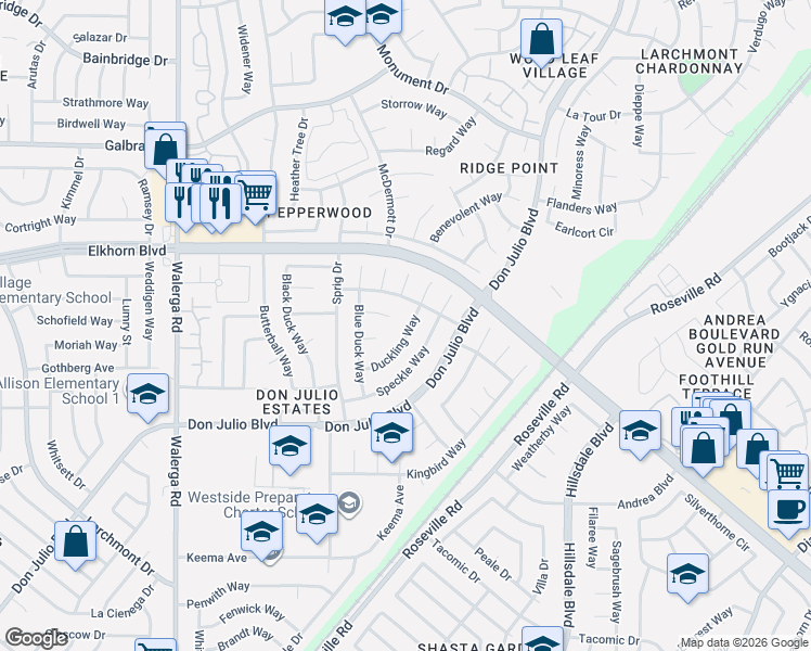 map of restaurants, bars, coffee shops, grocery stores, and more near 6861 Duckling Way in Sacramento