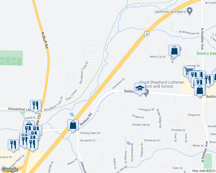 map of restaurants, bars, coffee shops, grocery stores, and more near 102 Woodhenge Drive in Collinsville