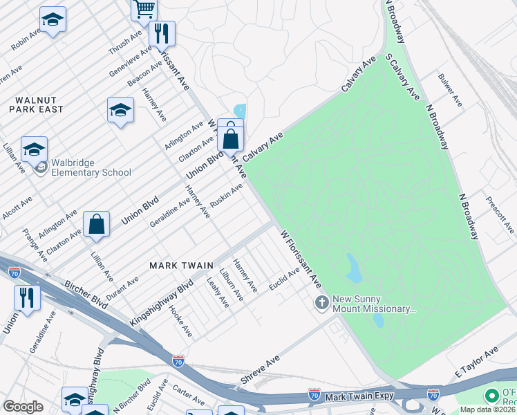 map of restaurants, bars, coffee shops, grocery stores, and more near 5482 Queens Avenue in St. Louis