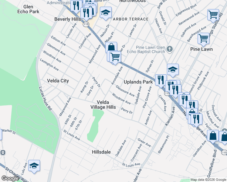 map of restaurants, bars, coffee shops, grocery stores, and more near 3453 Avondale Avenue in St. Louis