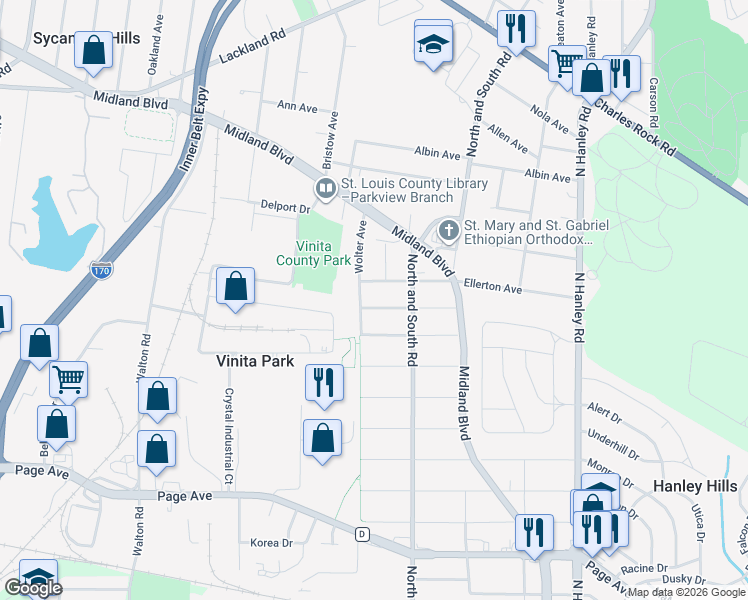 map of restaurants, bars, coffee shops, grocery stores, and more near 8328 Eads Avenue in St. Louis