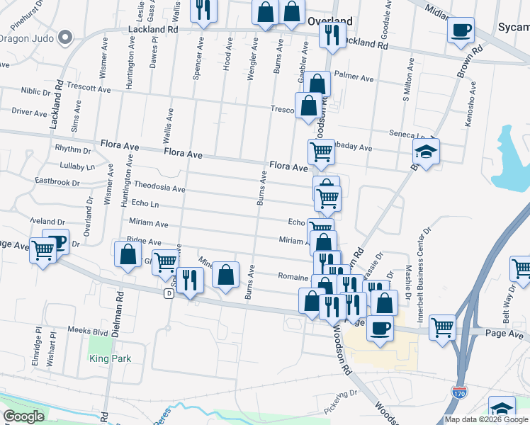 map of restaurants, bars, coffee shops, grocery stores, and more near 9434 Theodosia Avenue in Overland
