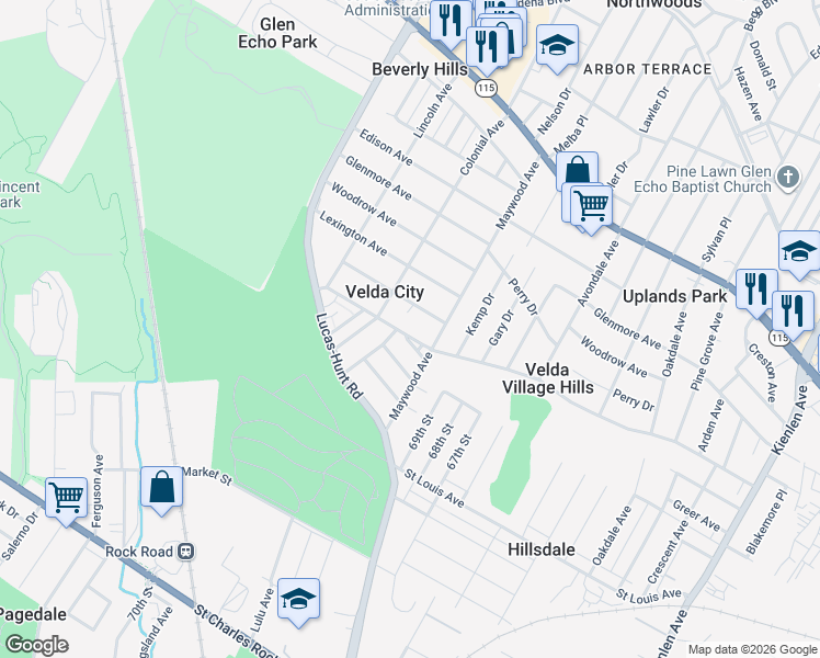 map of restaurants, bars, coffee shops, grocery stores, and more near 6924 Claremore Avenue in St. Louis