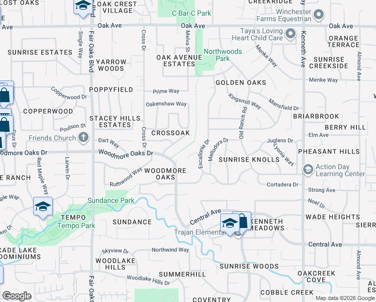 map of restaurants, bars, coffee shops, grocery stores, and more near 8285 Rhodora Court in Orangevale