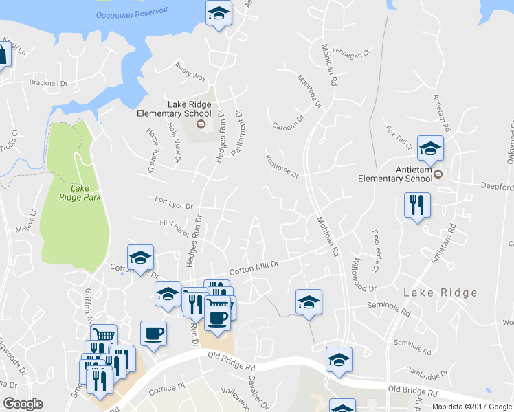 map of restaurants, bars, coffee shops, grocery stores, and more near 12050 Cardamom Drive in Woodbridge