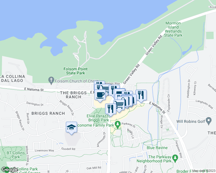 map of restaurants, bars, coffee shops, grocery stores, and more near 1423 Bicker Circle in Folsom