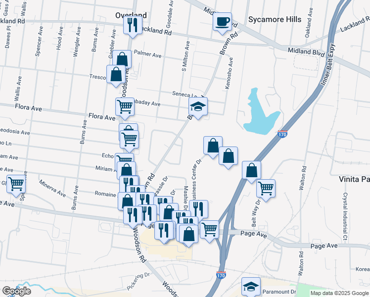 map of restaurants, bars, coffee shops, grocery stores, and more near 2044 Westbrook Drive in Overland