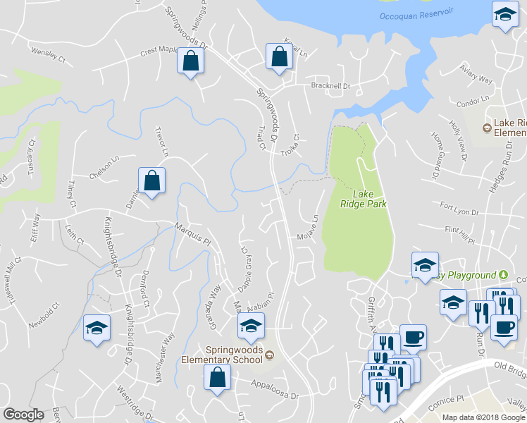 map of restaurants, bars, coffee shops, grocery stores, and more near 12126 Salemtown Drive in Woodbridge